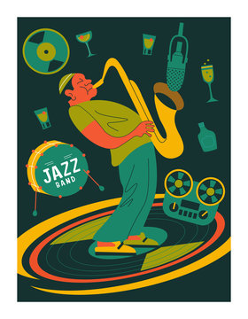 Poster music festival, retro party in the style of the 70's, 80's. Vector illustration. Afro musician saxophonist. Jazz music.