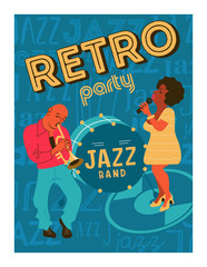 Poster music festival, retro party in the style of the 70's, 80's. Jazz party. Afro musician plays the trumpet. Afro woman singing. Vector illustration.