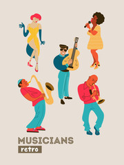 Poster music festival, retro party in the style of the 70's, 80's. A large set of characters, musicians, dancers and singers. Vector illustration.