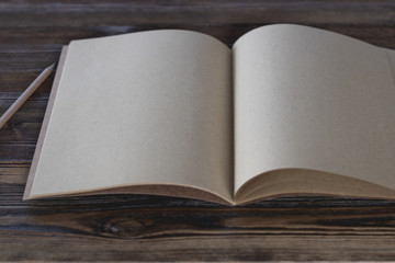 Book and pen open  on wood background. Top view.Vintage style.
