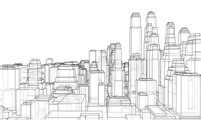 Wire-frame City, Blueprint Style. Vector