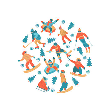 Winter sports and fun activities in the snow. People skiing, skating, sledding, snowboarding. A set of characters oriented in a circle. Vector illustration.