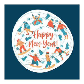 happy New Year. Winter sports and fun activities in the snow. People skiing, skating, sledding, snowboarding. A set of characters oriented in a circle. Vector illustration.