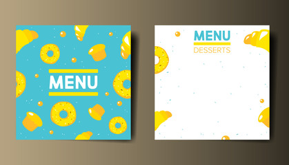 Square template of menu card with graphic elements and blue background. 
