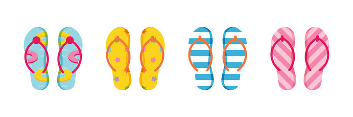 Set, collection of cute colorful flip flops with different ornaments, patterns for summer design.
