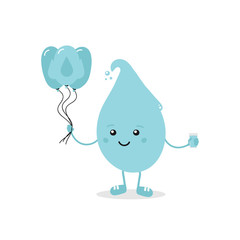 Cute cartoon water drop character smiling and holding glass of water and bunch of balloons in hands. World Water Day celebration.
