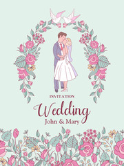 Happy wedding. Wedding vector card, invitation. Bride and groom surrounded by pink flowers.