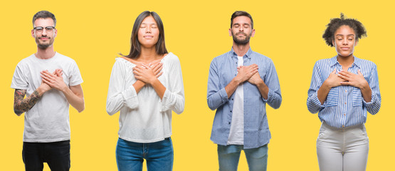 Obraz premium Collage of group people, women and men over colorful yellow isolated background smiling with hands on chest with closed eyes and grateful gesture on face. Health concept.