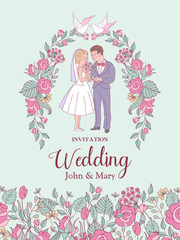 Happy wedding. Wedding vector card, invitation. Bride and groom surrounded by pink flowers.