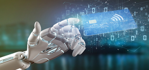 Cyborg hand holding a Contactless credit card payment concept 3d rendering