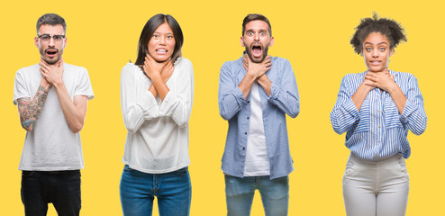 Obraz premium Collage of group people, women and men over colorful yellow isolated background shouting and suffocate because painful strangle. Health problem. Asphyxiate and suicide concept.