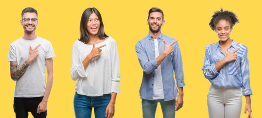 Collage of group people, women and men over colorful yellow isolated background cheerful with a smile of face pointing with hand and finger up to the side with happy and natural expression on face