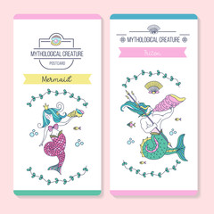 Vector postcards with mythological creatures. Mermaid and Triton.