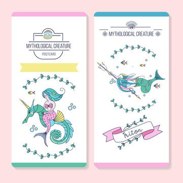 Vector postcards with mythological creatures. Mermaid and Triton.