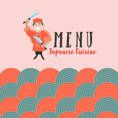 Japanese cuisine. Japanese chef. Set of Japanese traditional dishes. Vector illustration.