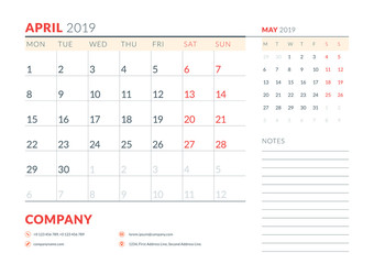 April 2019. Week starts on Monday. Calendar planner stationery design template. Vector illustration