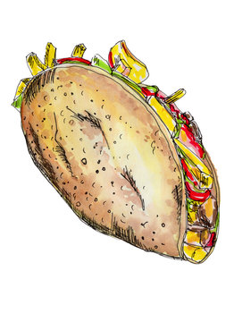 Hand Drawn Watercolor Taco.