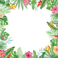 Fototapeta na wymiar Watercolor frame tropical leaves and flowers on white background.