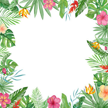 Watercolor frame tropical leaves and flowers on white background.