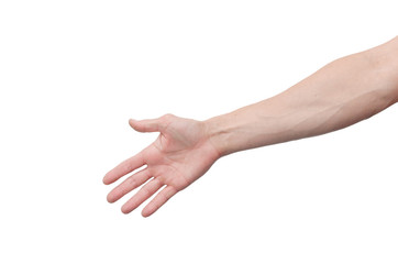 Male hand stretches forward to shake hands isolated on white background.