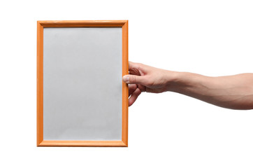 Male hand is showing a blank diploma or certificate frame border with copy space isolated on white background.