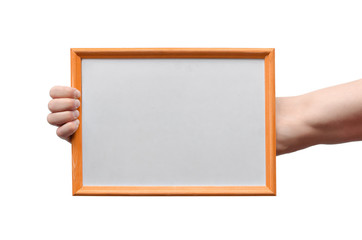Male hand is showing a blank diploma or certificate frame border with copy space isolated on white background.