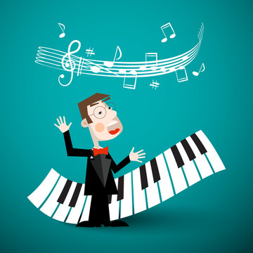 Music Vector Design with Abstract Piano Keyboards, Staff and Singer