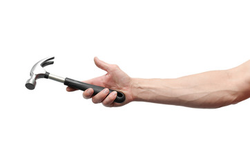 Male hand is holding a hammer isolated on the white background.