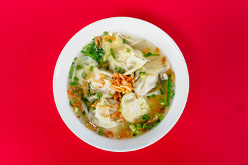 Vietnamese Noodles with Pork and Shrimp Recipe bowl on the red carpet 