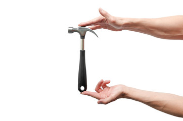 Male hand is holding a hammer isolated on the white background.