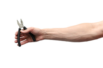 Pliers in the male hand isolated on the white background.
