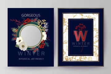 Winter holiday background, invitation. Wedding pattern design. Floral arrangement. Botanical frame, mirror, composition.