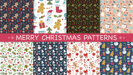 Fototapeta na wymiar Christmas set pattern with gingerbread mans, snowflakes, candy canes, holly berries, flowers and sweets. Vintage decorative Xmas seamless background collection for fabric and gift wrapping paper.