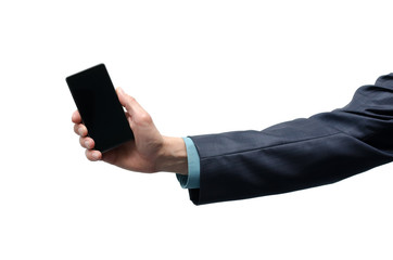 Mobile phone with blank screen in the businessman hand isolated on the white background.