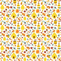 Organic honey pattern with bee flowers, beehive, combs, dipper and honey in jars and wooden pot. Beekeeping and apiary seamless background.