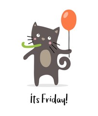 Happy cat with big orange balloon. Party time happy birthday illustration greeting card