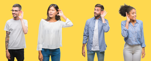 Collage of group people, women and men over colorful yellow isolated background smiling with hand...