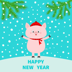 Pig on snowdrift. Happy New Year. Falling snow. Chinise symbol of 2019. Fir tree. Branch spruce Cute cartoon funny character. Flat design. Blue background.