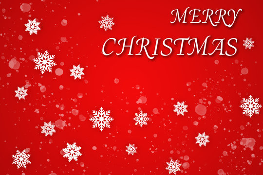 The white merry christmas text and snowflake drop on red background for horizontal image