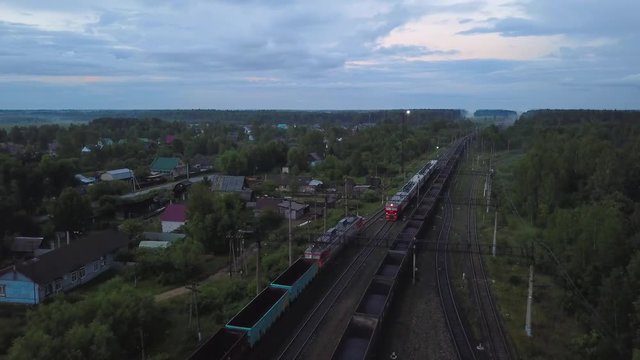 Movement of two trains in different directions, view from the top