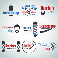 Set of vintage barber shop emblems, label, badges and designed elements. Vector illustration