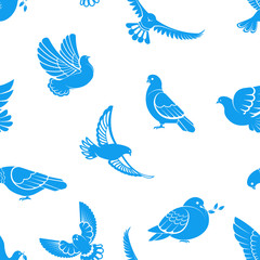 Fototapeta premium Pigeon or dove, white bird flying with spread wings in sky or sitting seamless pattern.
