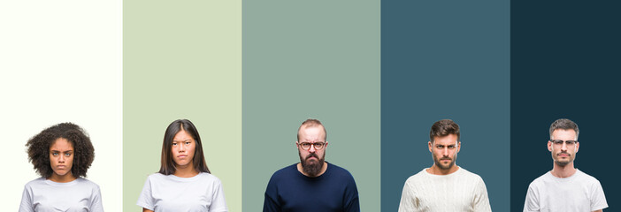 Collage of group of young people over colorful isolated background skeptic and nervous, frowning...