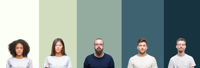 Obraz premium Collage of group of young people over colorful isolated background with serious expression on face. Simple and natural looking at the camera.
