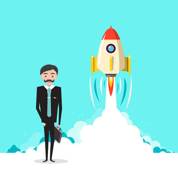 Business Startup Project with Businessman and Rocket Launch