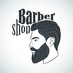 Vintage barber shop emblem, label, badge, logo. Man with beard, hipster. Vector illustration