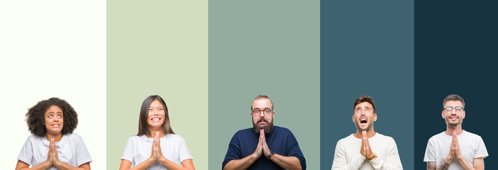 Obraz premium Collage of group of young people over colorful isolated background begging and praying with hands together with hope expression on face very emotional and worried. Asking for forgiveness