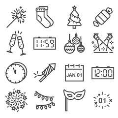 Fototapeta premium Vector Happy New Year line icons set.