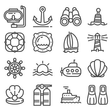 Vector Nautical, marine and sea thin line icons