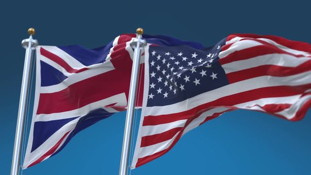 4k Seamless United States of America And Britain England United Kingdom Flags with blue sky background,A fully digital rendering,The flag 3D animation loops at 20 seconds,USA UK.